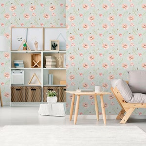 Light floral wallpaper with watercolo pink poppy flowers, floral wall mural, peel and stick wallpaper, self adhesive, wall decor