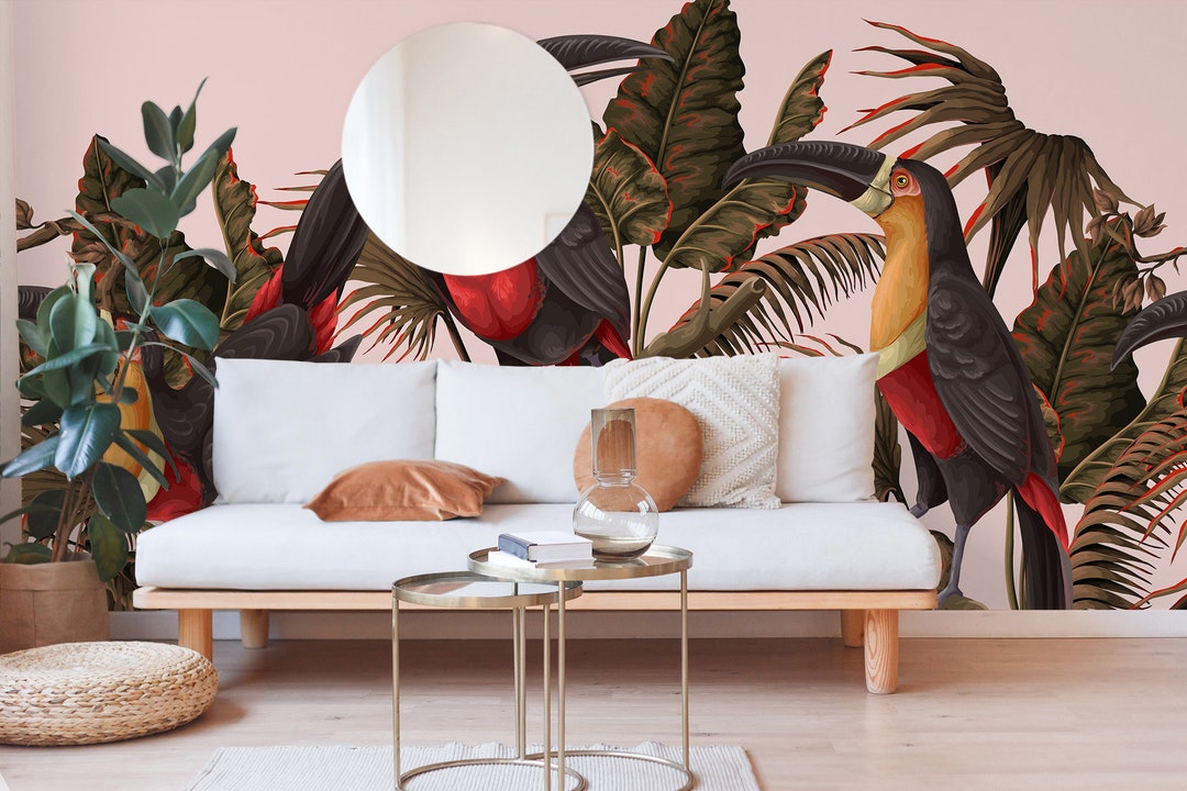 Toucan Tropical Leaves Wallpaper, Removable Peel and Stick Wall Mural ...