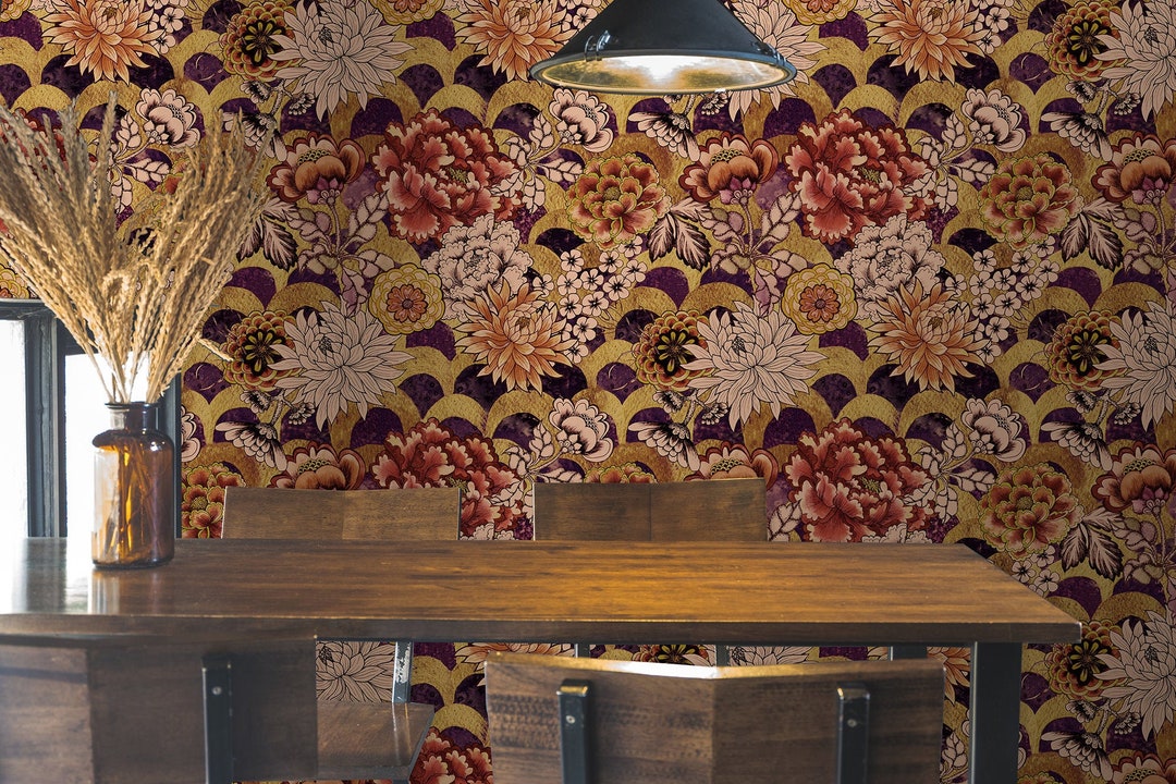 Vintage Floral Wallpaper, Red Orange Flowers, Peel and Stick Wall Mural ...