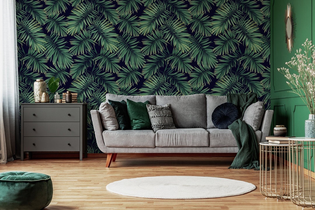 Dark Wallpaper With Tropical Palm Leaves Wall Mural Peel and - Etsy