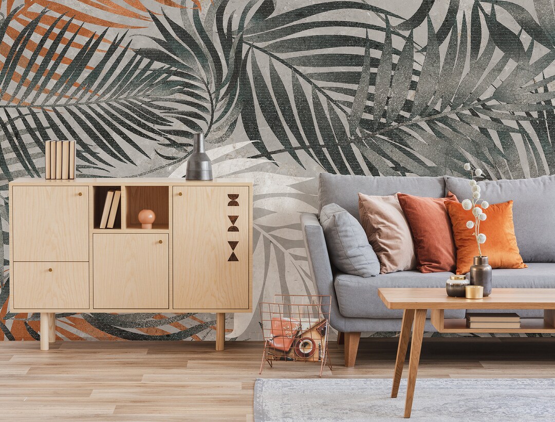 Gray Tropical Palm Leaf Wallpaper, Peel and Stick Wall Mural, Self ...