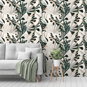 Modern wallpaper with abstract plant, peel and stick, self adhesive, wall decor, Removable Wallpaper