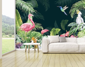 Tropical Birds and Flowers Wallpaper, Peel and Stick Wall Mural, Removable Decor