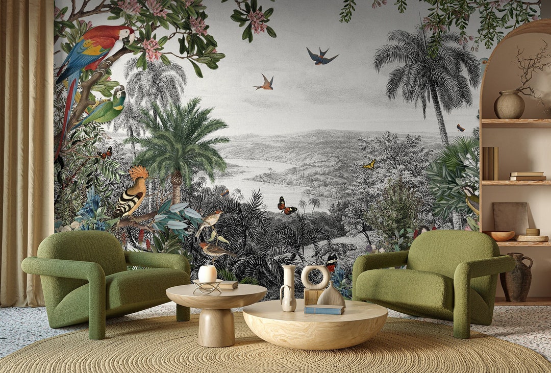 Tropical Birds Butterflies Landscape Wallpaper Mural (peel and Stick or ...