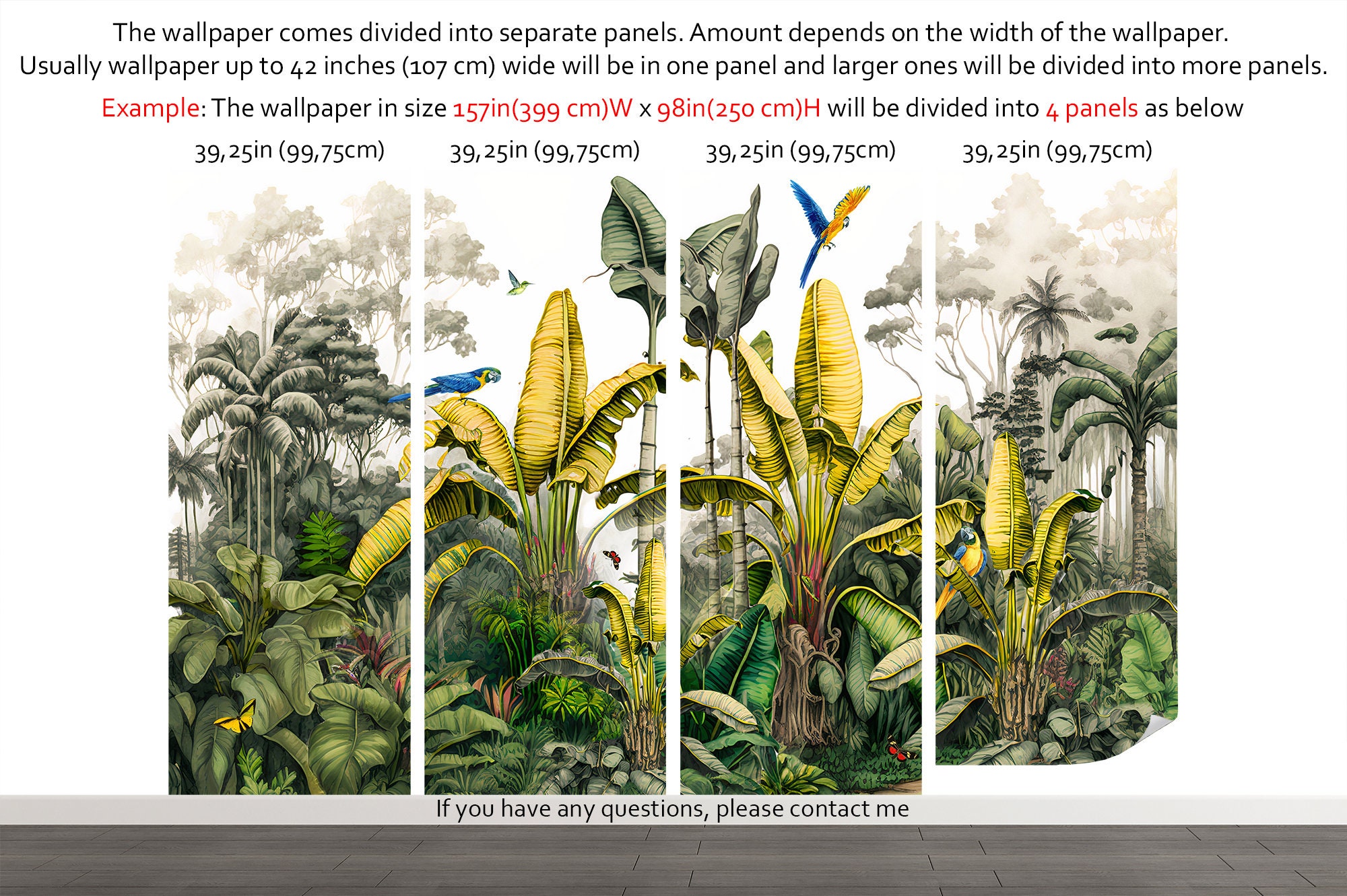 Tropical Jungle Leaves Birds Wallpaper Mural (peel and Stick or Vinyl ...