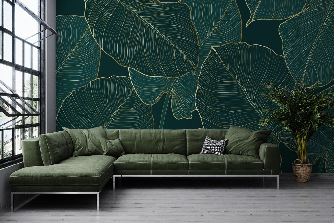 Floral Wallpaper Gold Philodendron With Monstera Self - Etsy
