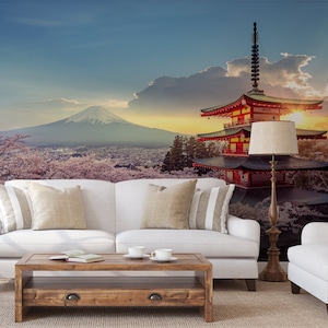 Fujiyoshida, Japan Wallpaper Beautiful view of Mount Fuji, sunset, cherry blossoms, peel and stick wall mural, tropical wall decor