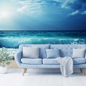 Wallpaper with waves at Seychelles beach, peel and stick wall mural, tropical wall decor