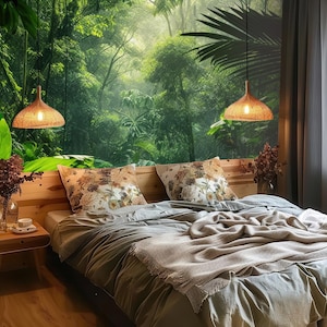 Green tropical jungle wallpaper, natural wall mural, home decor, Removable, Peel and Stick or Non Self Adhesive (Vinyl), Wall Decor