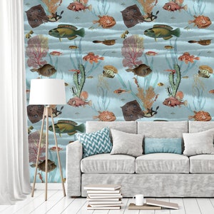 Aquatic wallpaper with colorful fishes, Wall Mural, Removable, Self Adhesive(Peel&Stick), Non Self Adhesive(Vinyl), Wall Decor