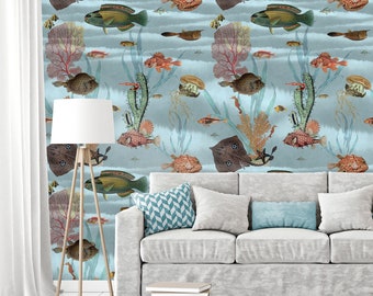 Aquatic Fish Wall Mural, Colorful Underwater Scene, Removable Peel and Stick Wallpaper