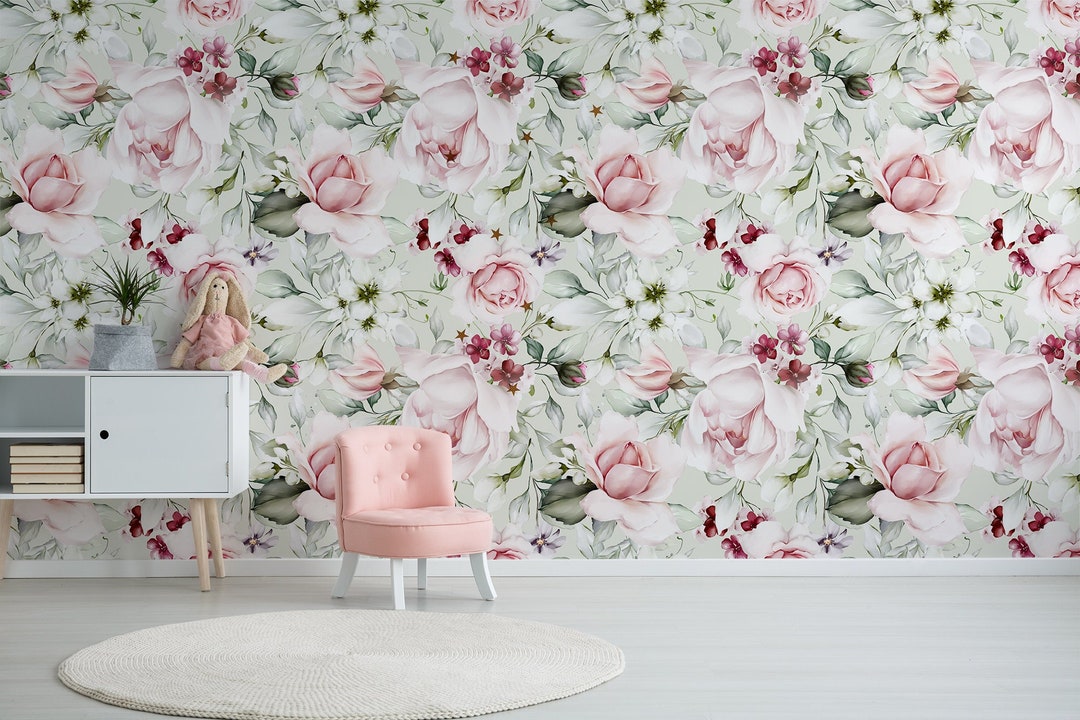 Watercolor Floral Wallpaper, Pink Roses Peonies, Peel and Stick Wall ...