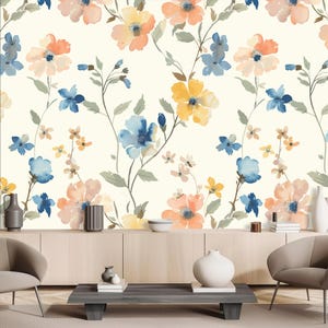 Abstract flower wallpaper, watercolor floral wall mural, home decor, Removable, Peel and Stick or Non Self Adhesive (Vinyl), Wall Decor