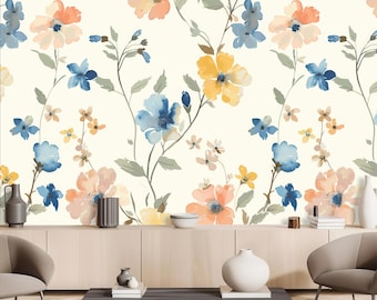 Watercolor Floral Wallpaper, Abstract Botanical Wall Mural, Removable Peel and Stick Home Decor