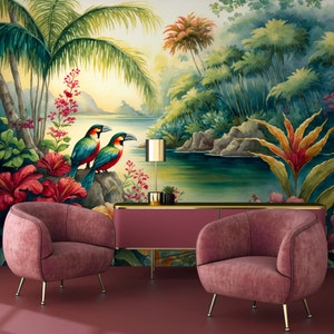 Watercolor tropical wallpaper, summer landscape, Wall Mural, Removable, Self Adhesive (Peel&Stick), Non Self Adhesive (Vinyl), Wall Decor