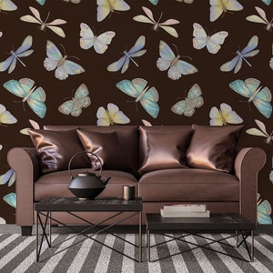 Watercolor butterflies wallpaper, botanical pattern, abstract, peel and stick, self adhesive, wall decor, Removable Wallpaper