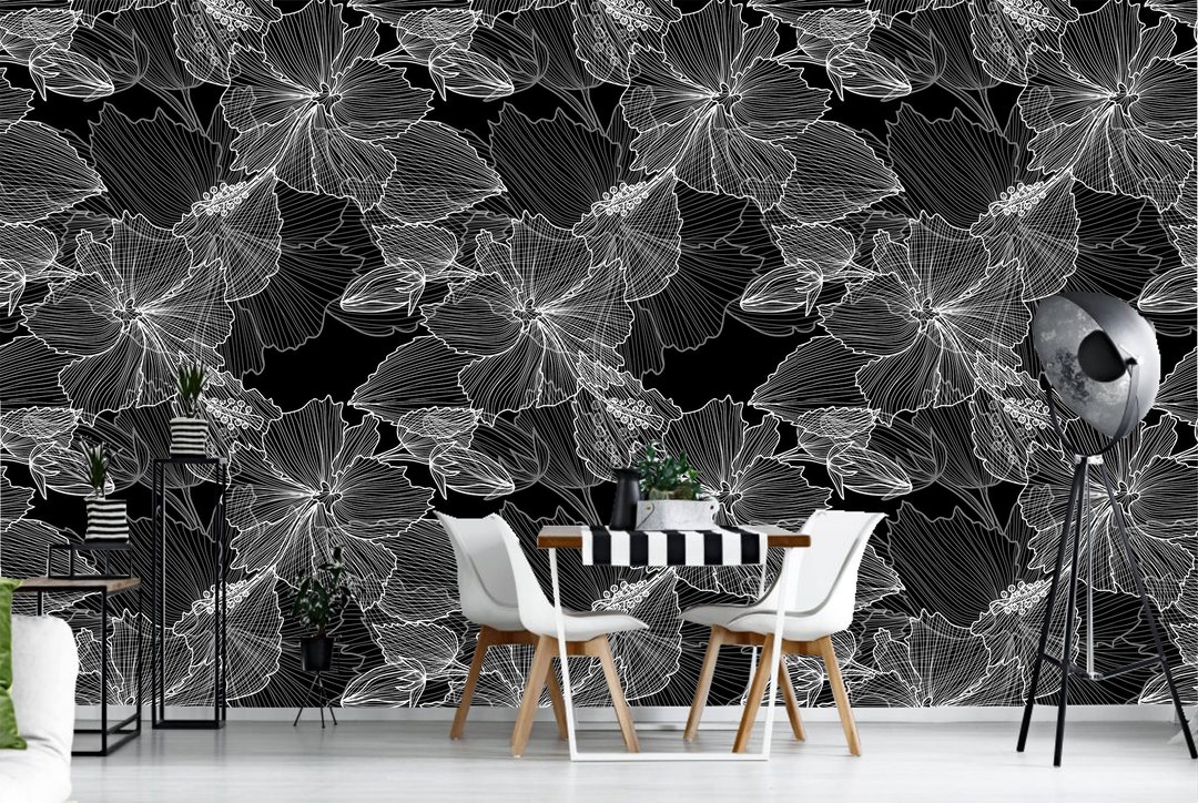 Floral Black and White Wallpaper, Tropical Peel and Stick Wall Mural - Etsy