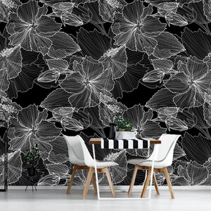 Floral black and white wallpaper, peel and stick wall mural, self adhesive, tropical wall decor