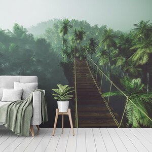 Wallpaper with rope bridge in misty jungle with palms, wall mural, peel and stick, self adhesive, wall decor, Removable Wallpaper