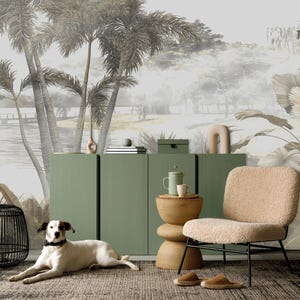 Tropical leaves and trees wallpaper, vintage wall mural, home decor, Removable, Peel and Stick or Non Self Adhesive (Vinyl), Wall Decor