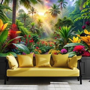 Carta da parati con foresta tropicale, murale con fiori colorati, arredamento per la casa, rimovibile, staccabile e attaccabile o non autoadesivo (vinile), decorazione da parete