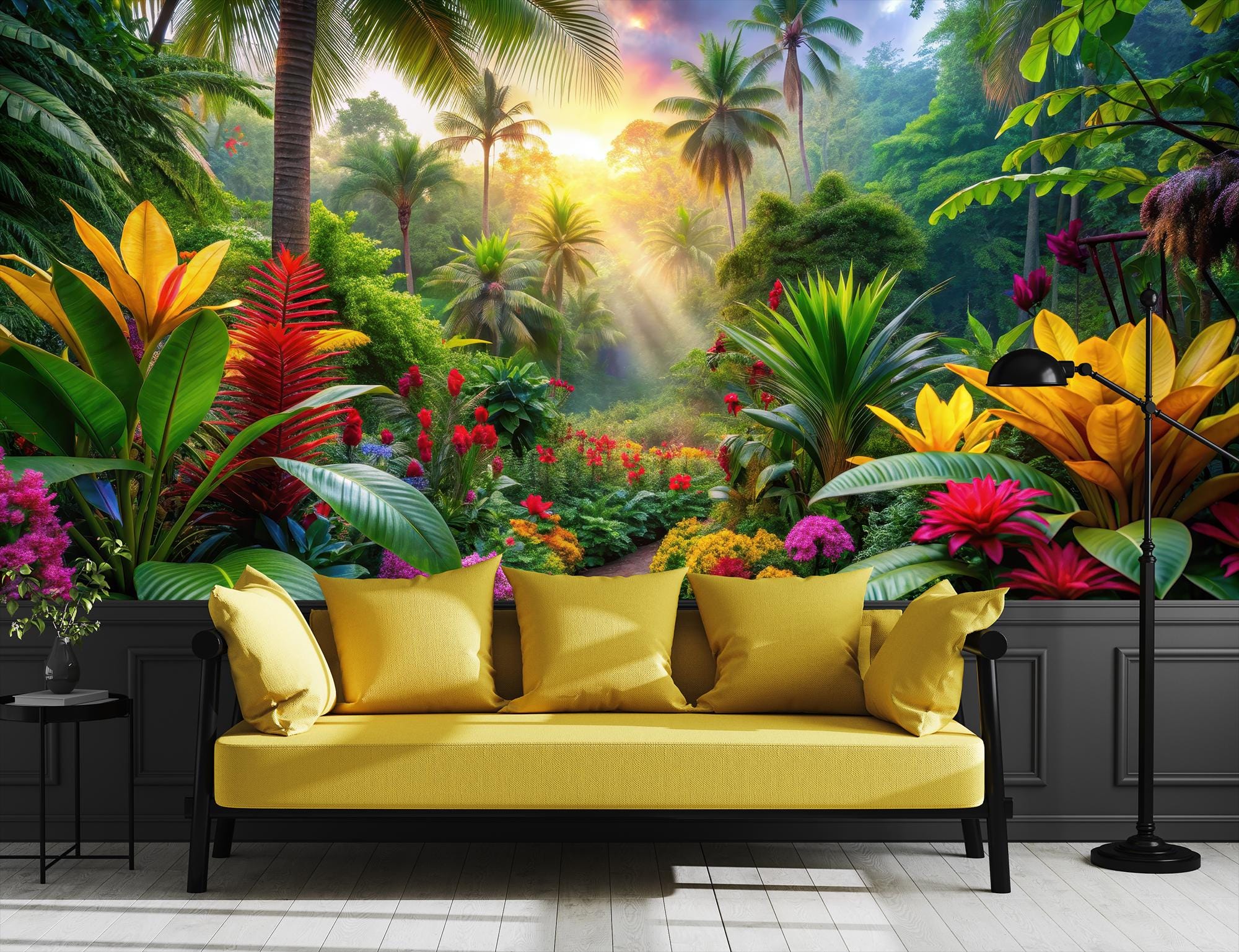 Tropical forest wallpaper, colorful flower wall mural, home decor, Removable, Peel and Stick or Non Self Adhesive (Vinyl), Wall Decor
