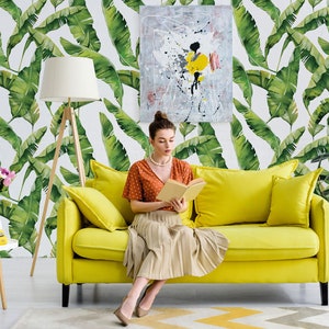 Tropical leaves wallpaper, exotic green, peel and stick, self adhesive, wall decor, Removable Wallpaper