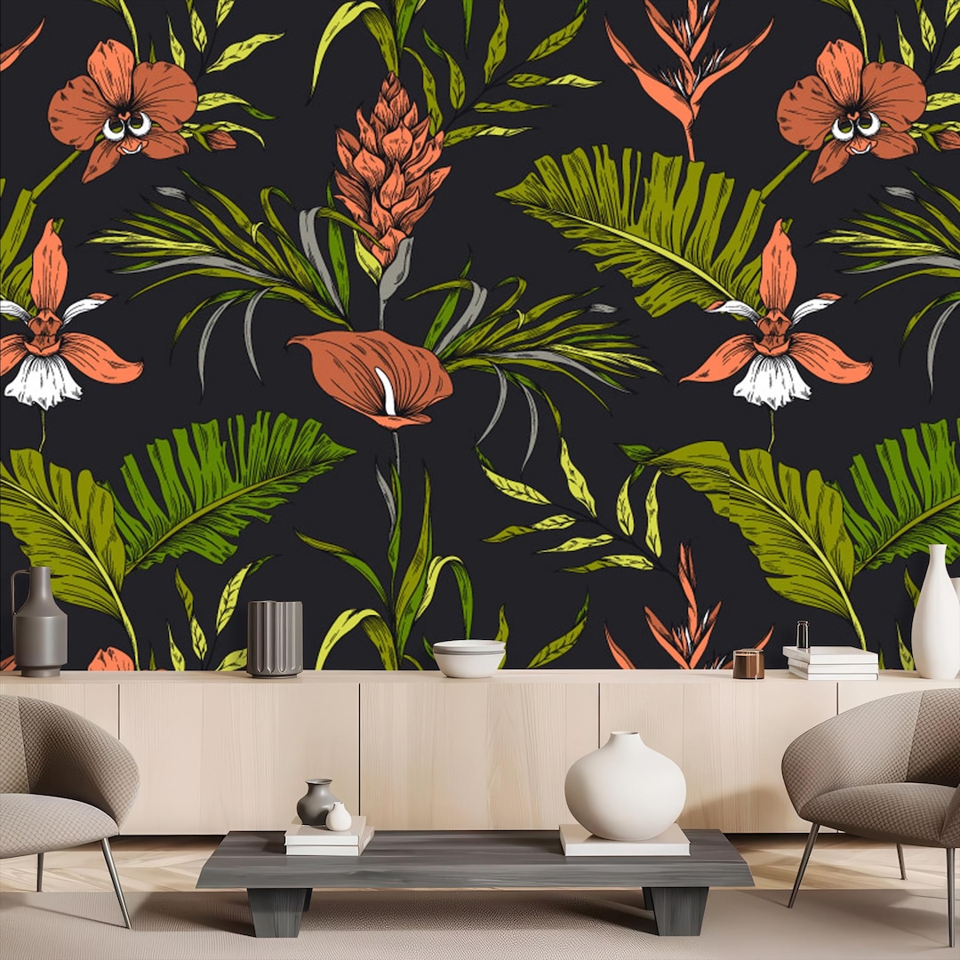 Tropical Leaves Wallpaper, Exotic Flowers Wall Mural, Peel and Stick ...