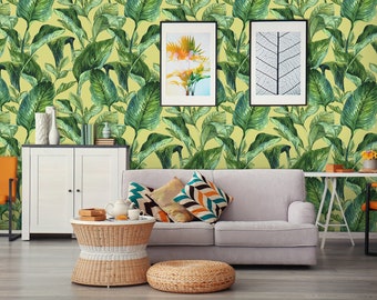 Watercolor Tropical Leaves Wallpaper, Banana Leaf Wall Mural (Peel and Stick)