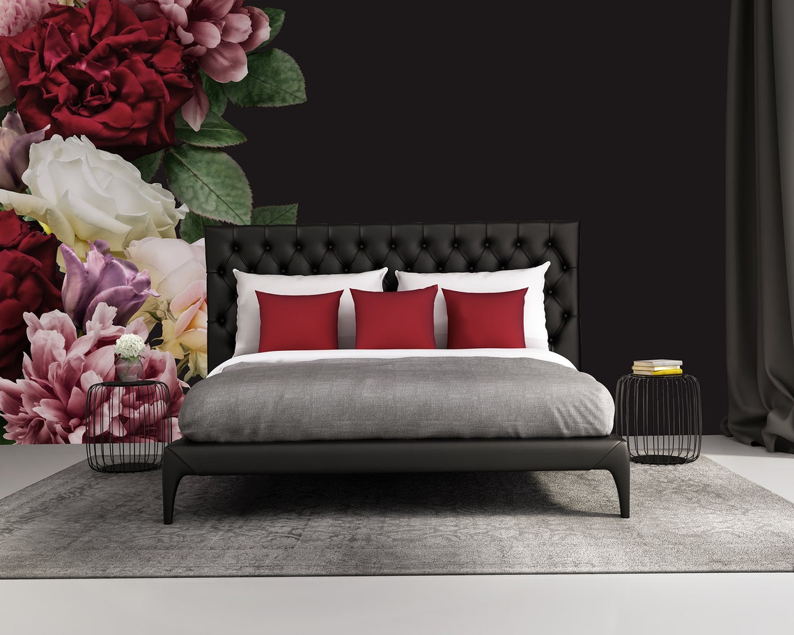 Black Wallpaper With Big Flowers Red and Pink Peonies Etsy