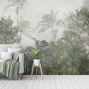 Tropical trees and leaves wallpaper, peel and stick, self adhesive, wall decor, Removable Wallpaper