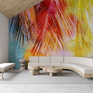 Watercolor palm leaf wallpaper, peel and stick, self adhesive, wall decor, Removable Wallpaper