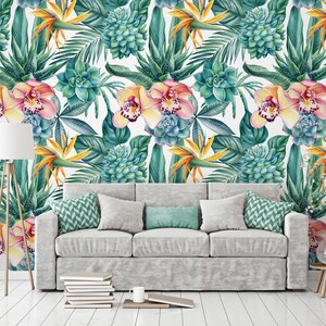 Wallpaper of tropical leaves, flowers and succulents, jungle, peel and stick, self adhesive, wall decor, Removable Wallpaper