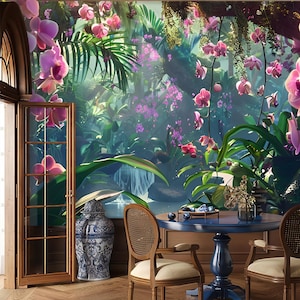 Orchid floral wallpaper, tropical tree, botanical wall mural, home decor, Removable, Peel and Stick or Non Self Adhesive (Vinyl), Wall Decor