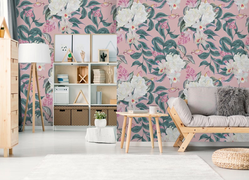 Light Pink Floral Wallpaper With Watercolor White Orchid Flowers and ...