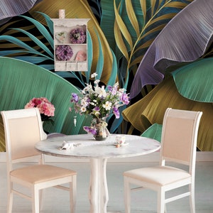 Papier peint exotique tropical, feuilles de bananier colorées pastel, palmier, peinture murale à peau et bâton, auto-adhésif, décoration murale tropicale image 8