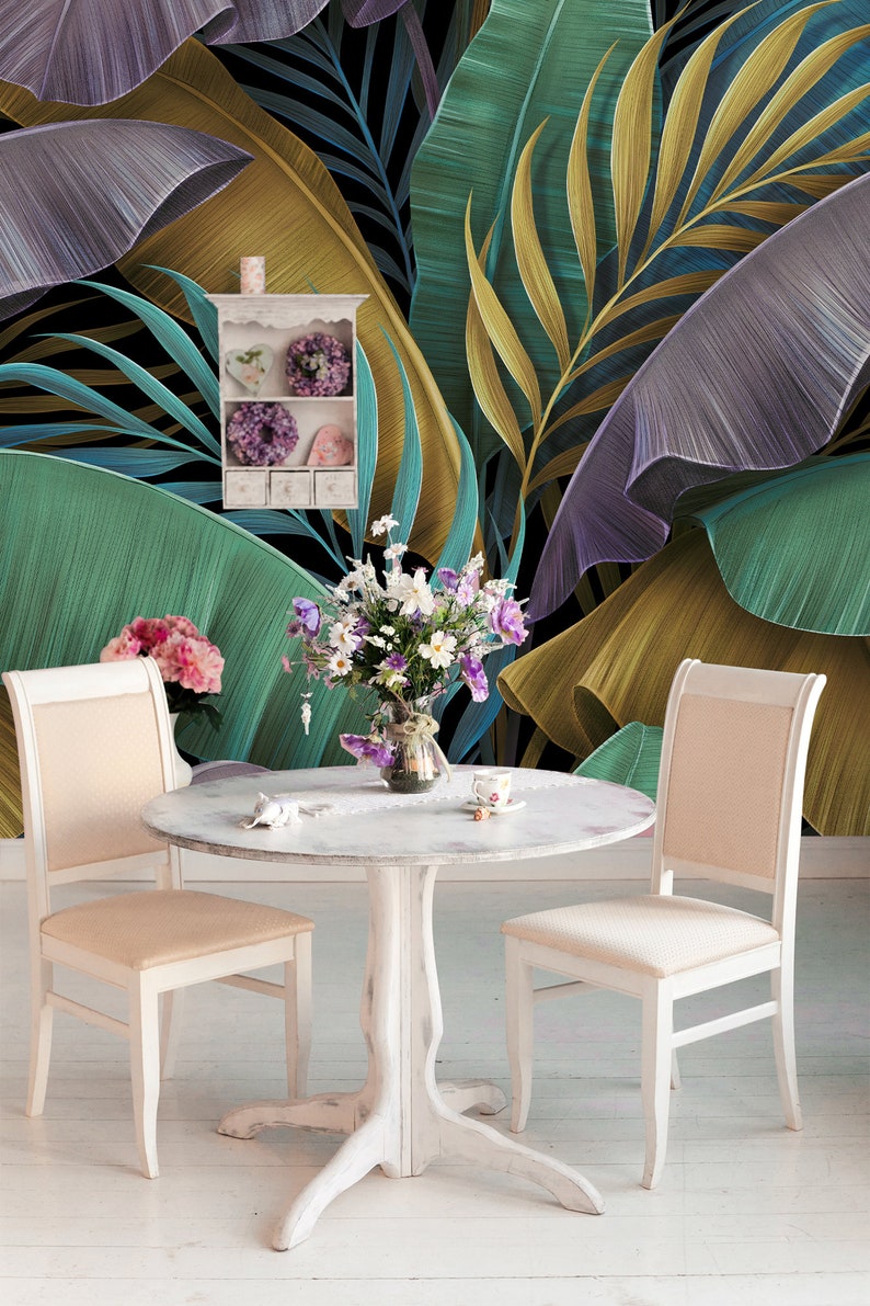 Papier peint exotique tropical, feuilles de bananier colorées pastel, palmier, peinture murale à peau et bâton, auto-adhésif, décoration murale tropicale image 8