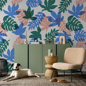 Tropical plants and palm leaves wallpaper, floral wall mural, home decor, Removable, Peel and Stick or Non Self Adhesive (Vinyl), Wall Decor