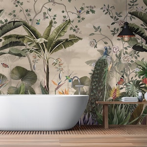 Tropical forest wallpaper, bird and butterfly wall mural, home decor, Removable, Peel and Stick or Non Self Adhesive (Vinyl), Wall Decor