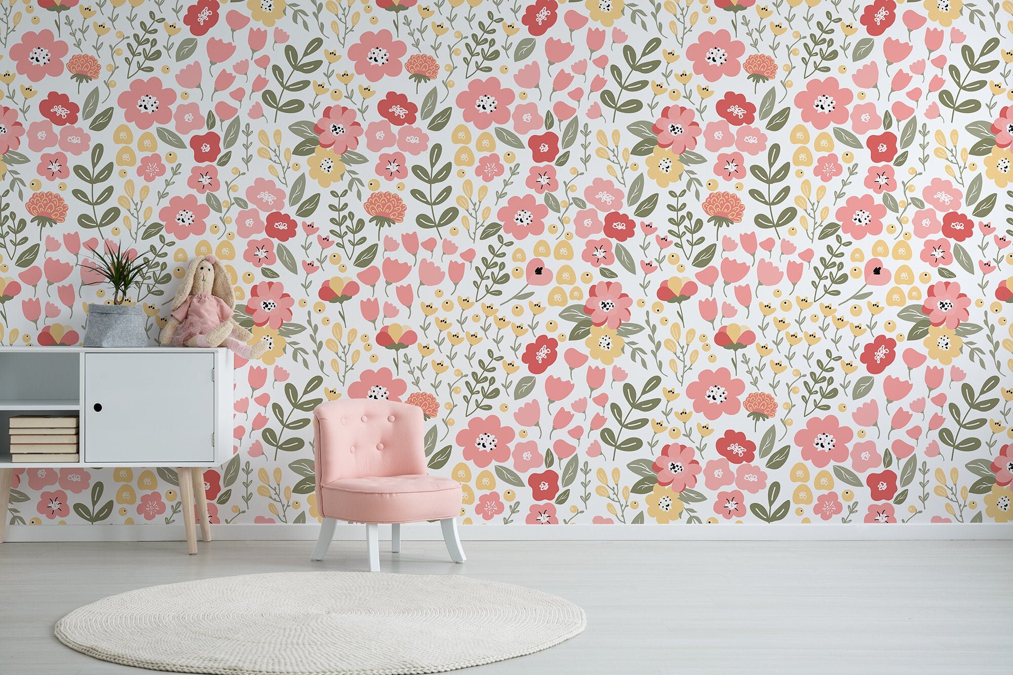 Pink Floral Wallpaper for Kids Vector Flowers and | Etsy