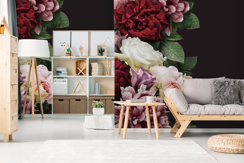 Black Wallpaper With Big Flowers Red and Pink Peonies Etsy
