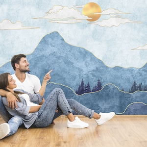 Watercolor landscape painting wallpaper, blue mountains and sky with yellow lines, wall mural, peel and stick, self adhesive, wall decor