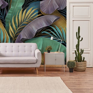 Tropical exotic wallpaper, Pastel colorful banana leaves, palm, peel and stick wall mural, self adhesive, tropical wall decor image 6