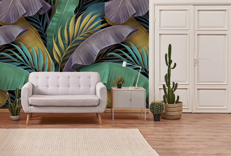 Tropisch exotisch behang, pastelkleurige bananenbladeren, palm, schil en plakmuurschildering, zelfklevend, tropisch wanddecor afbeelding 6