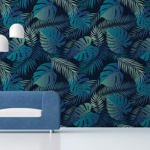 Exotic wallpaper with green monstera leaves and palm branches, wall mural, peel and stick, self adhesive, wall decor, Removable Wallpaper