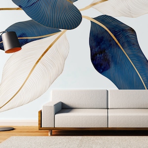 Carta da parati di lusso con foglie tropicali blu, arte da parete botanica, rimovibile, stacca e incolla o non autoadesiva (vinile), decorazione da parete
