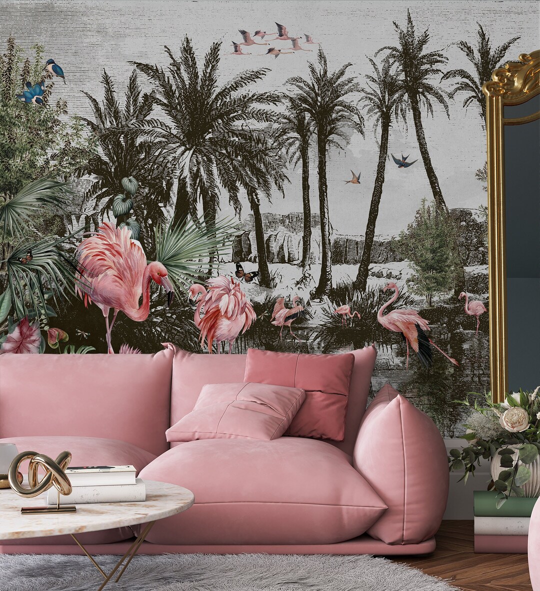 Tropical Flamingo Vintage Wallpaper Mural, Palm Trees, Exotic Jungle ...