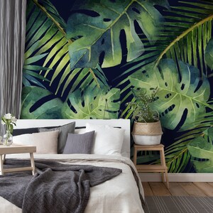 Watercolor Tropical Leaves Wallpaper, Peel and Stick Wall Mural (self ...