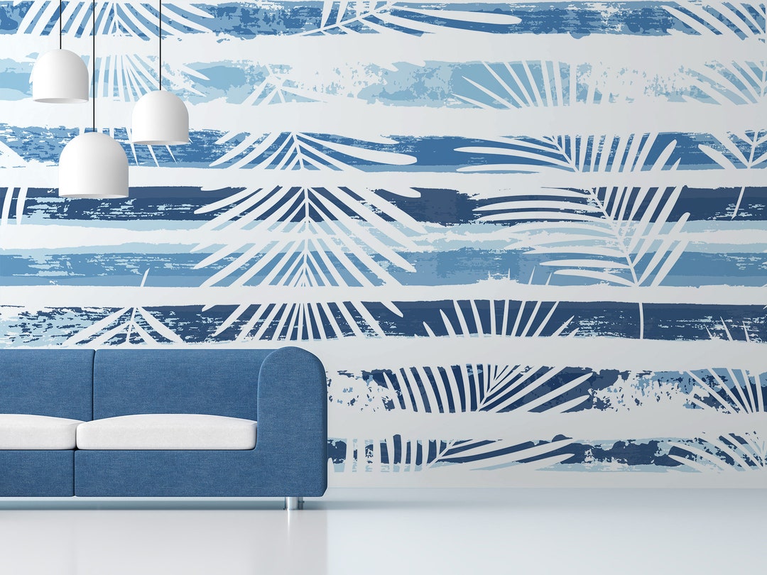 Tropical Palm Leaf Wallpaper, Blue Stripe Peel and Stick Wall Mural ...
