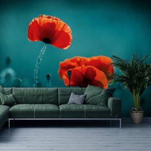 Poppy field wallpaper, Summer flowers, wall mural, peel and stick, self adhesive, wall decor, Removable Wallpaper